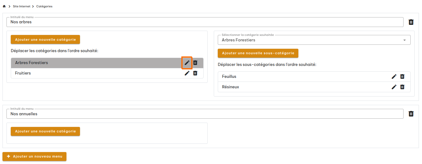 Configuration des catégories