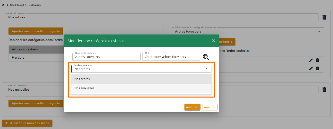 Configuration des catégories