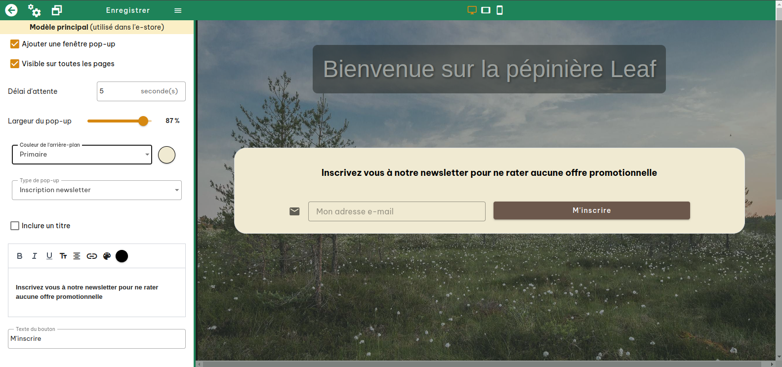 Configuration de la fenêtre Pop-up