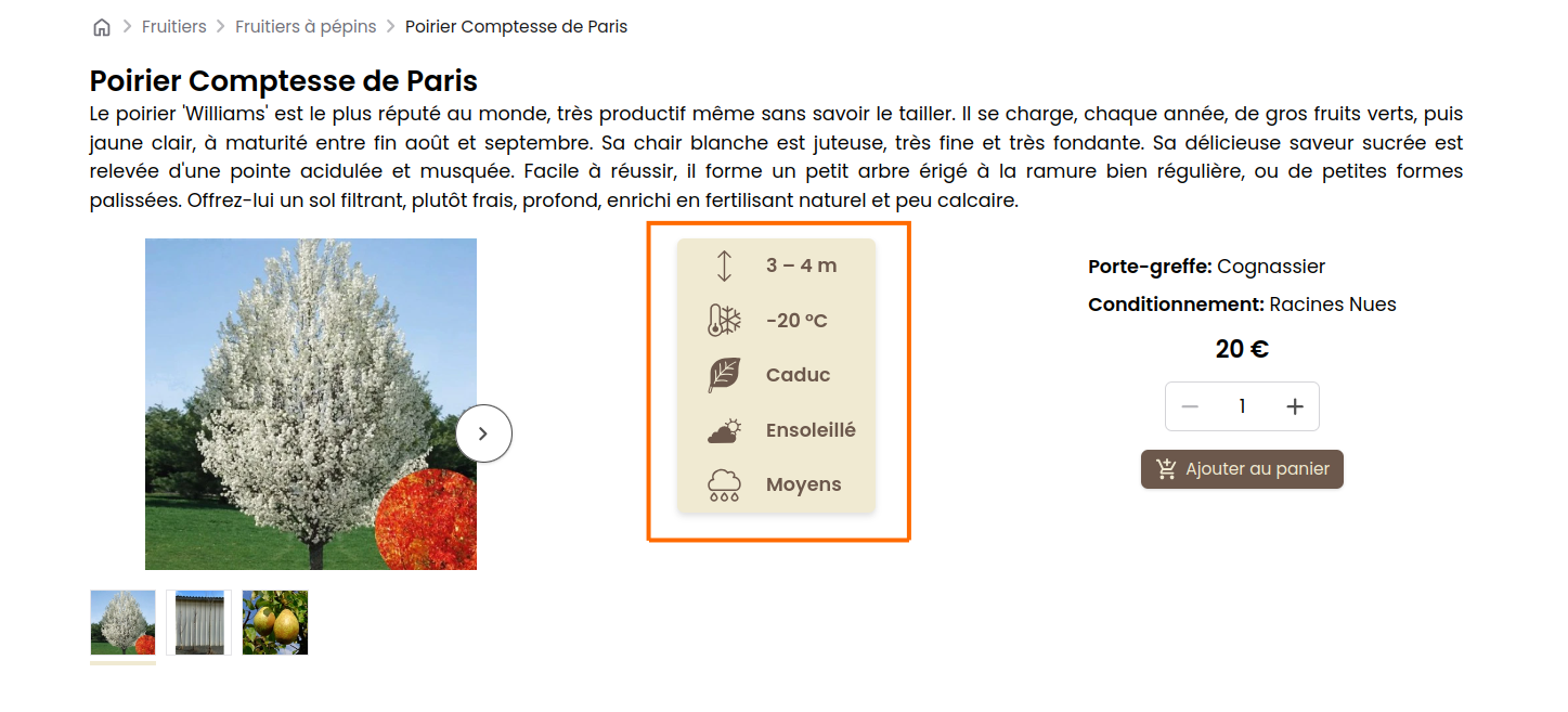 Blocs disponibles pour la page produit