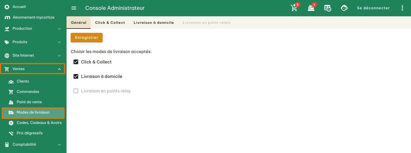 Configuration des livraisons