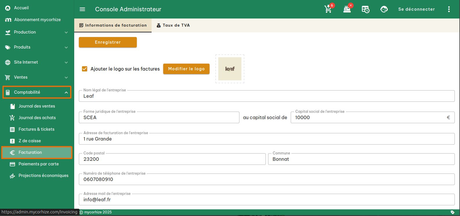 Informations de facturation