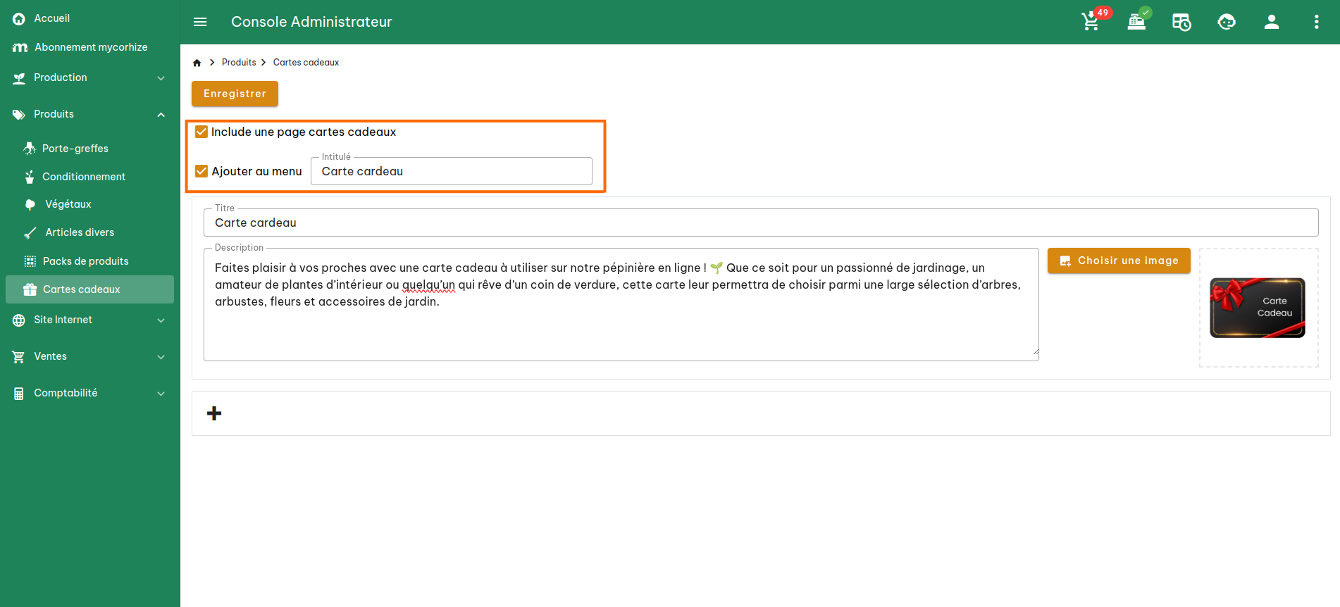 Configuration des cartes cadeaux