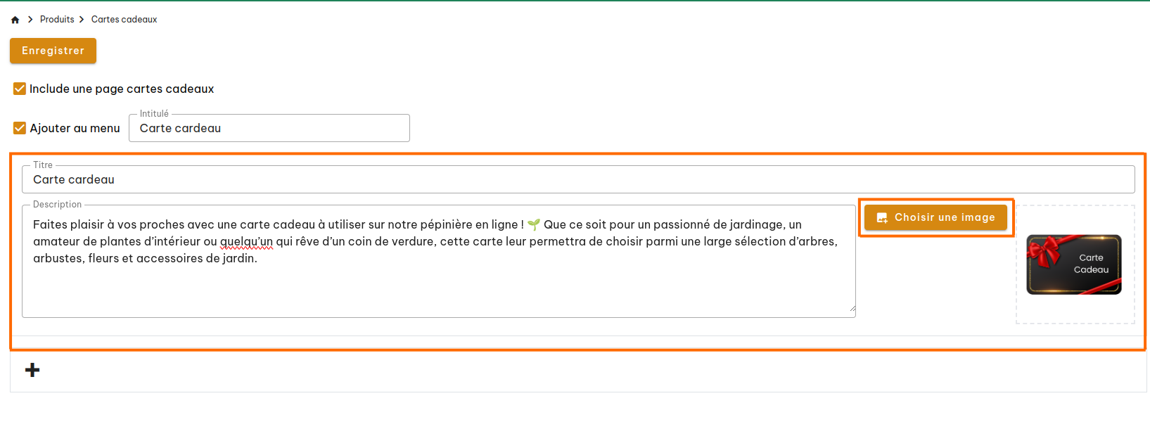 Configuration des cartes cadeaux