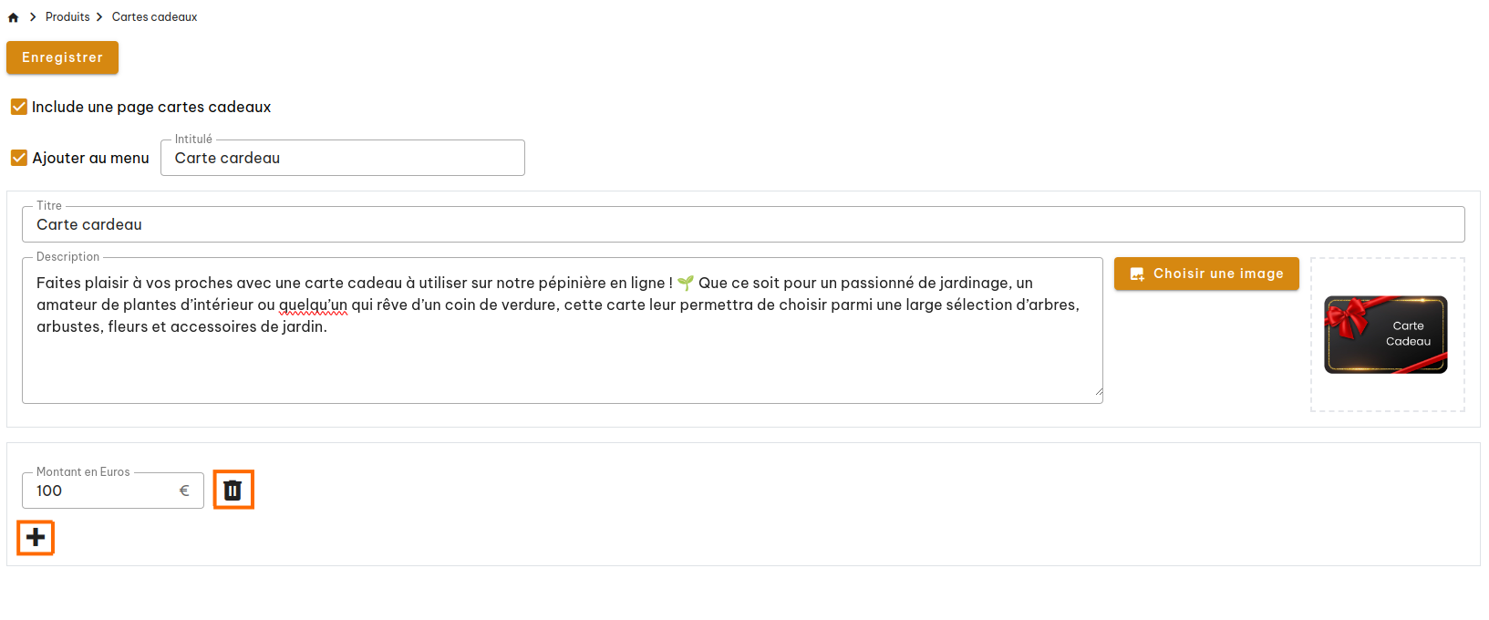 Configuration des cartes cadeaux