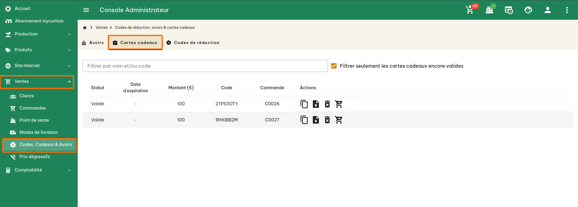 Configuration des cartes cadeaux