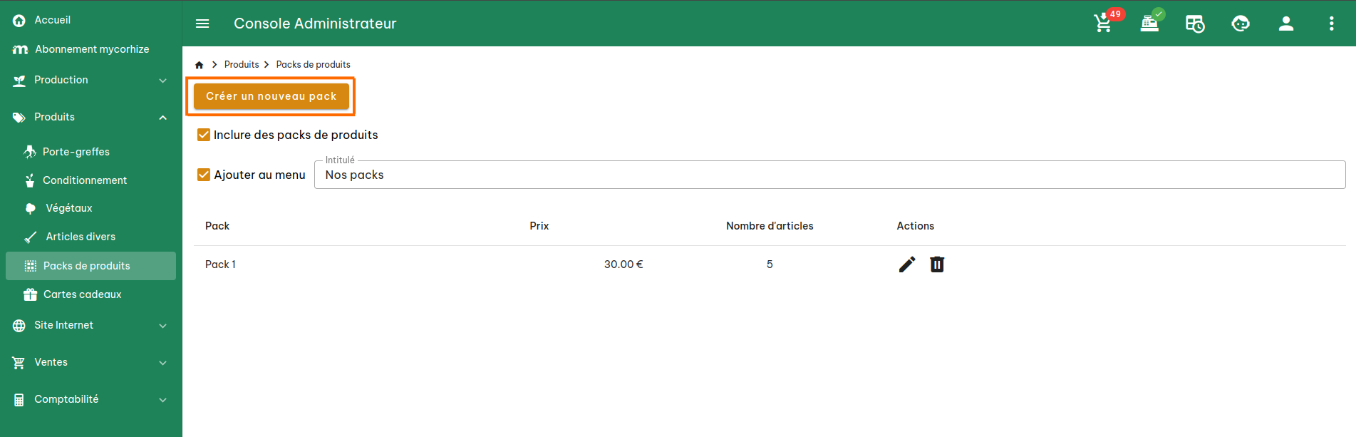 Configuration des packs de produits