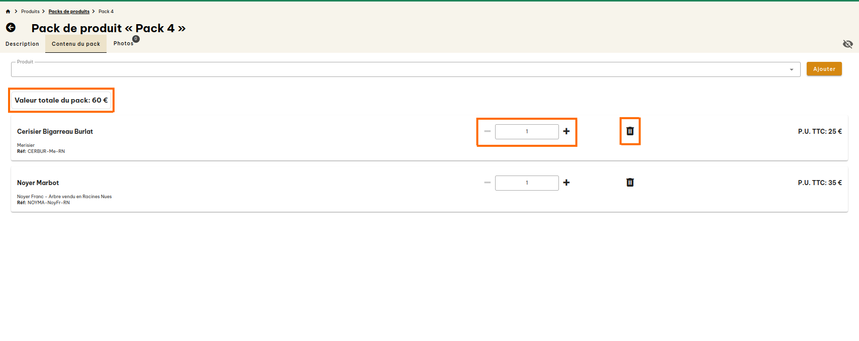 Configuration des packs de produits