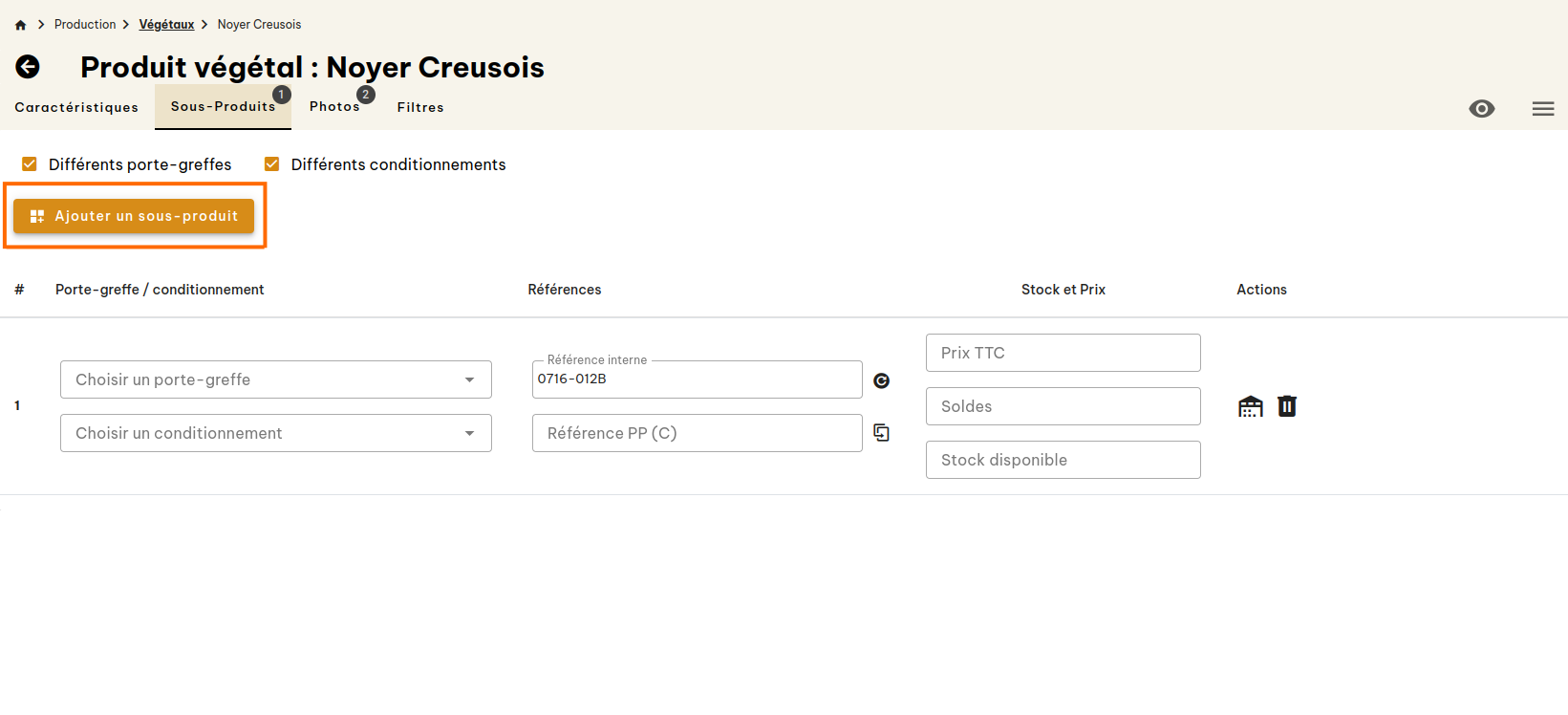 Configuration produits végétaux
