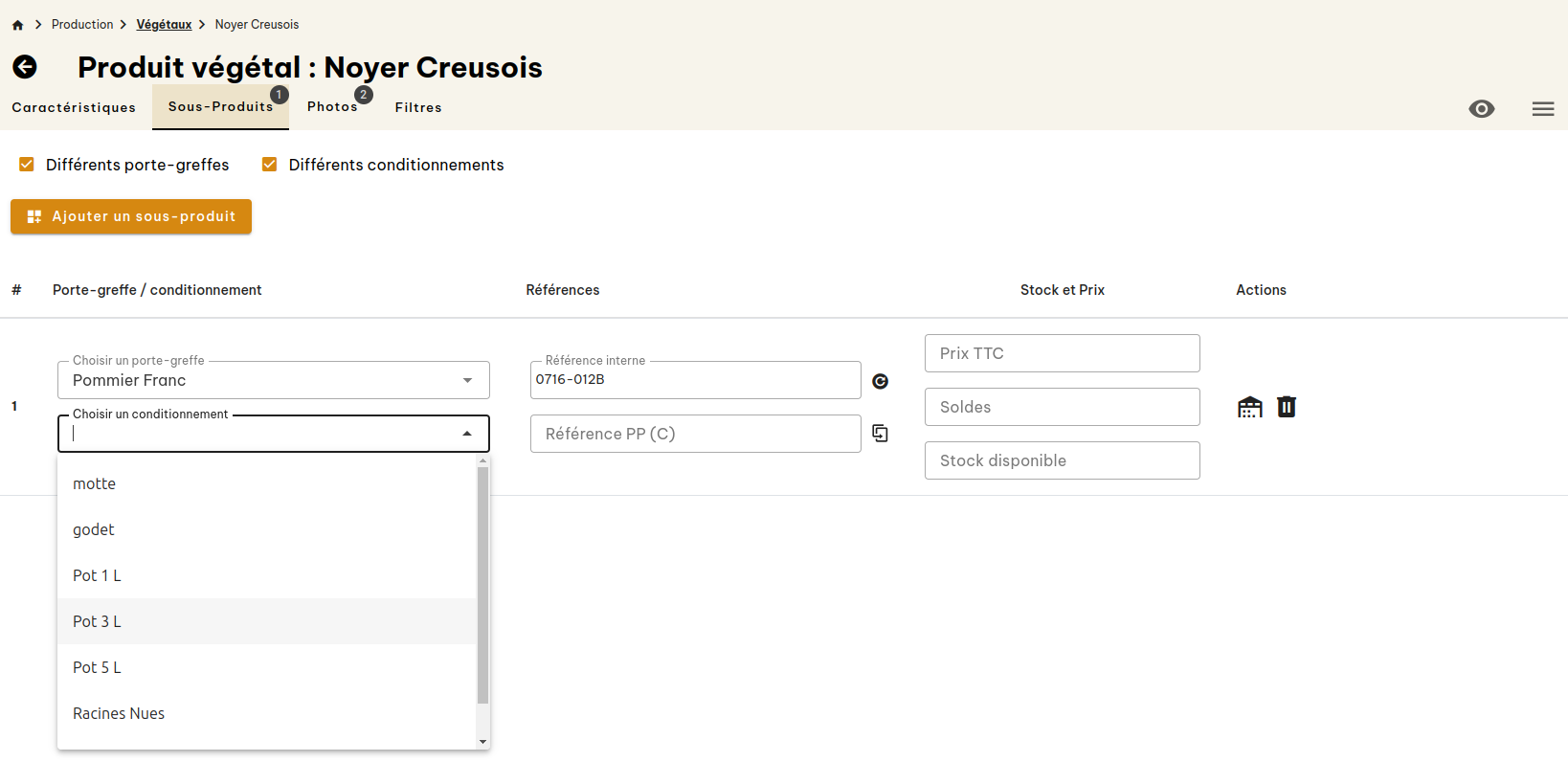 Configuration produits végétaux