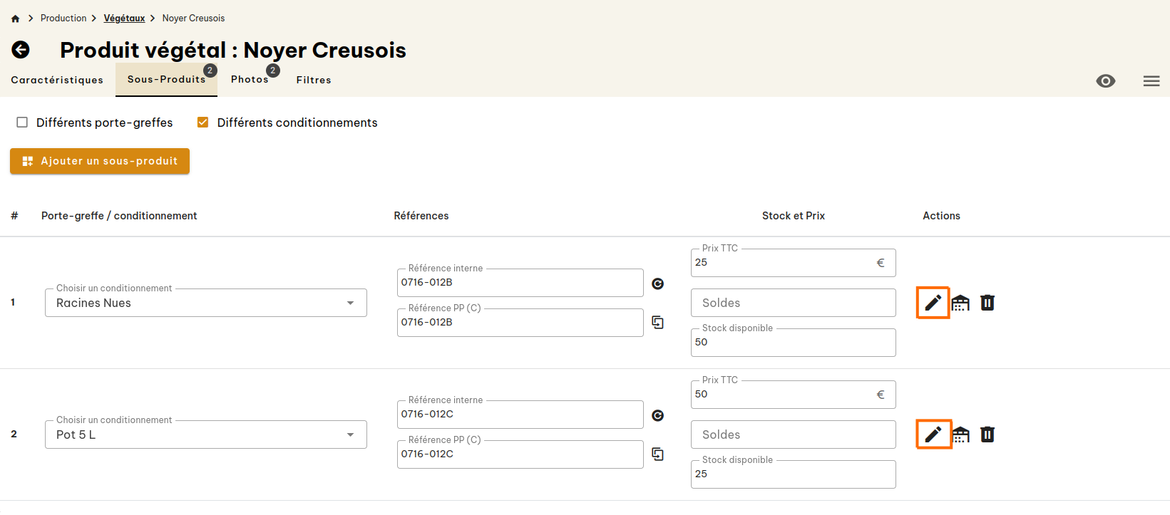 Configuration produits végétaux
