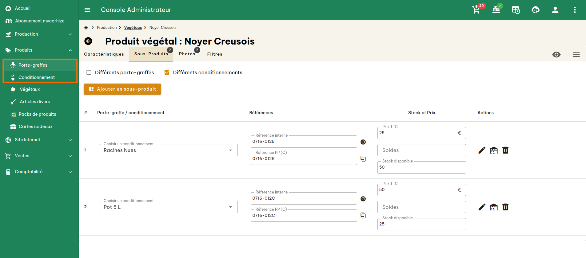 Configuration produits végétaux
