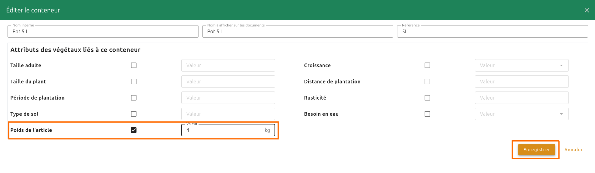 Configuration produits végétaux
