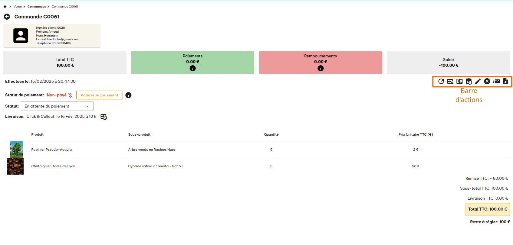 Configuration des commandes