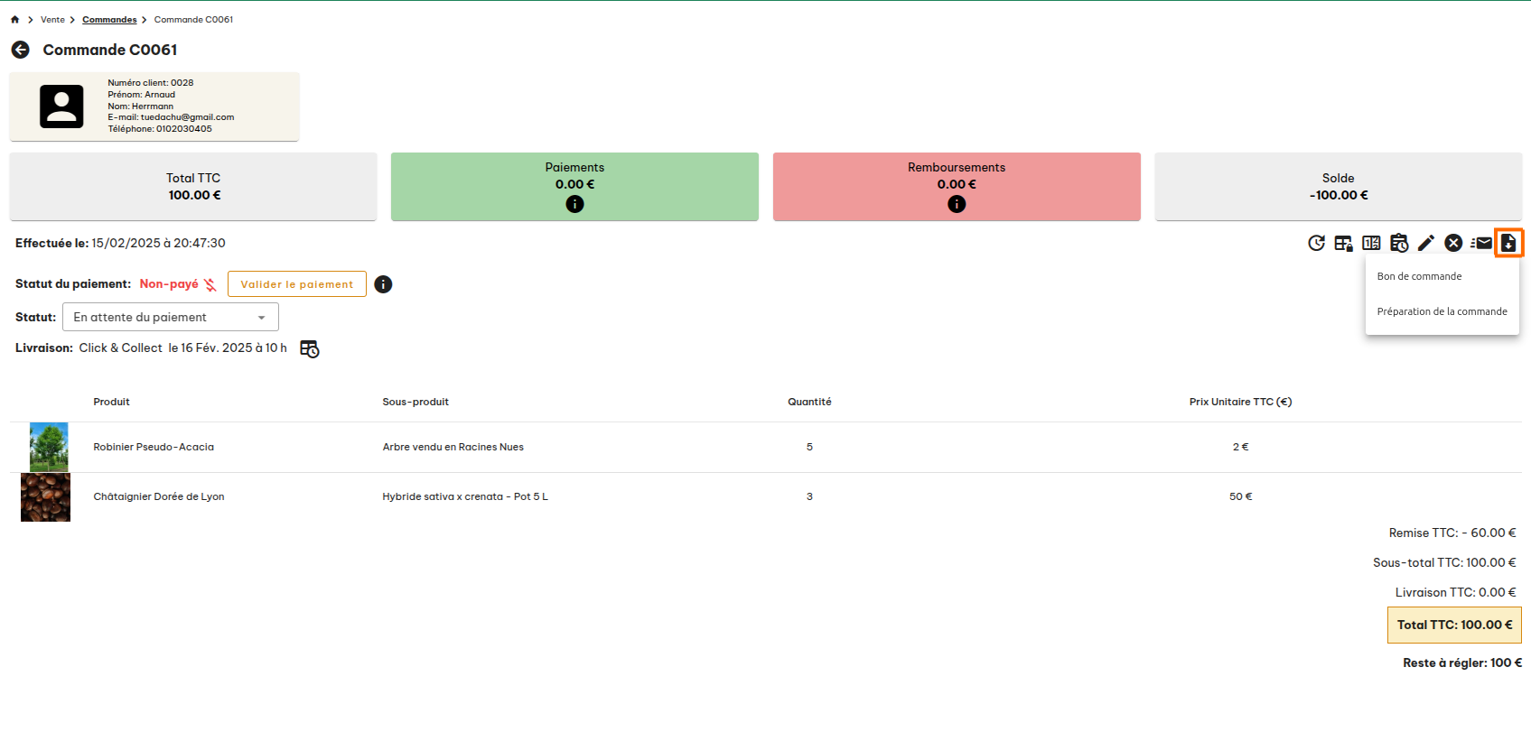 Configuration des commandes