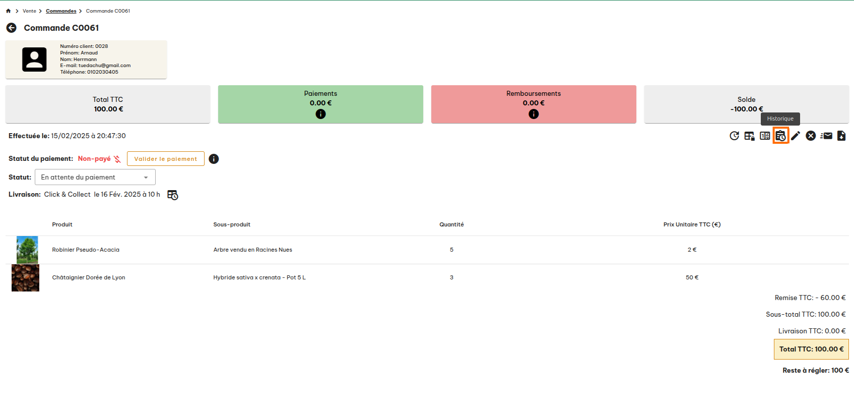 Configuration des commandes