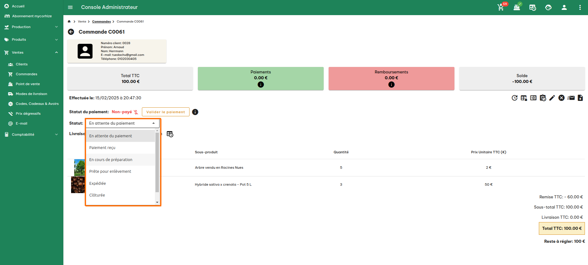 Configuration des commandes