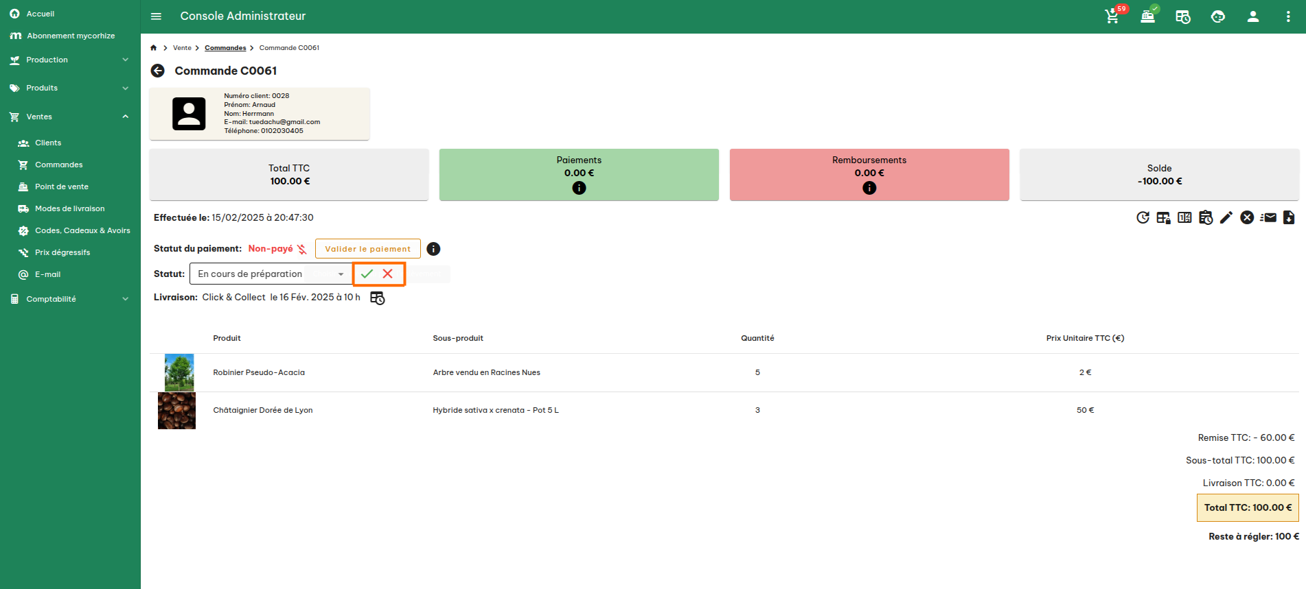 Configuration des commandes