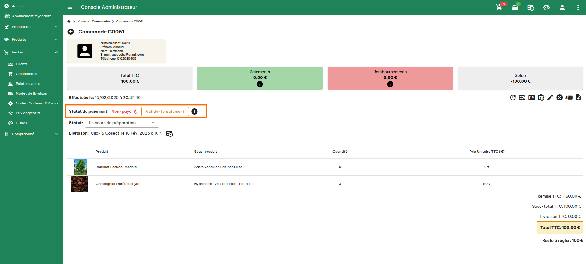 Configuration des commandes